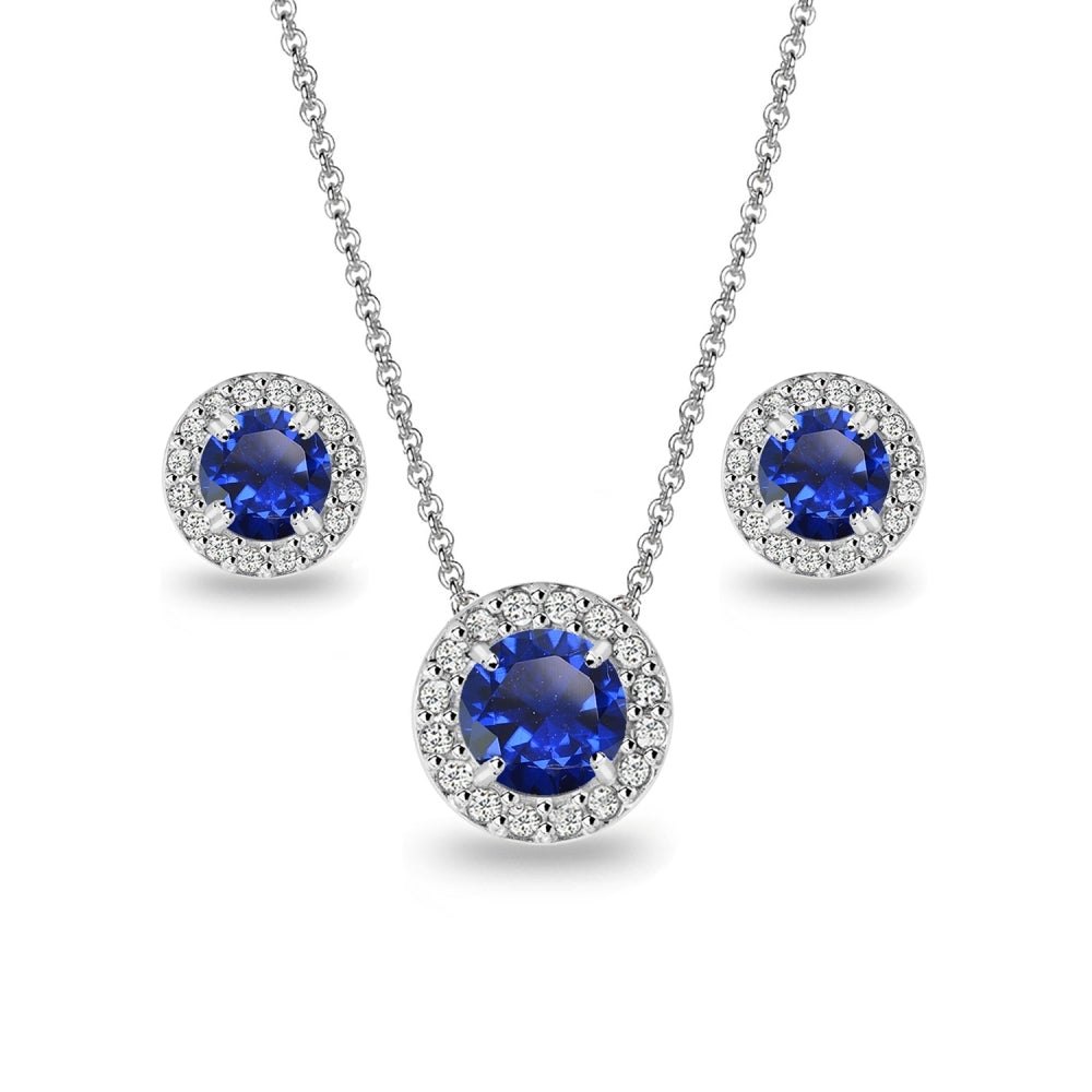 Sterling Silver Created Blue Sapphire and White Topaz Round Halo Necklace and Stud Earrings Set