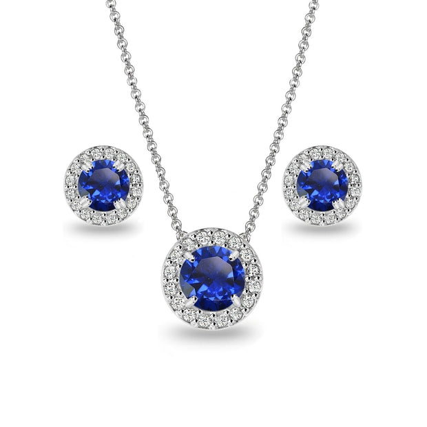 Sterling Silver Created Blue Sapphire and White Topaz Round Halo Necklace and Stud Earrings Set
