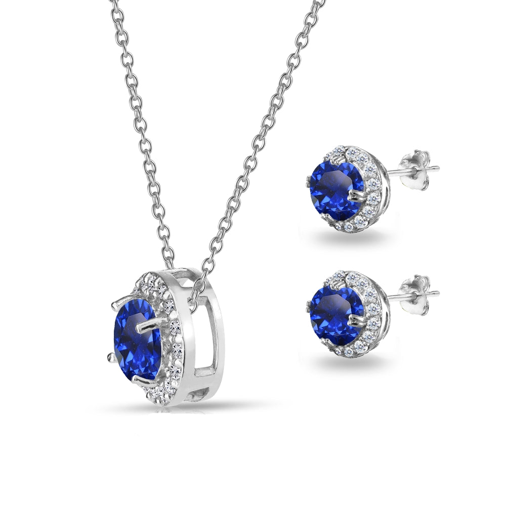 Sterling Silver Created Blue Sapphire and White Topaz Round Halo Necklace and Stud Earrings Set-2