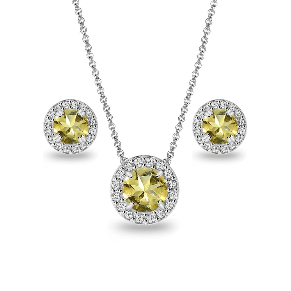 Sterling Silver Citrine and White Topaz Round Halo Necklace and Stud Earrings Set