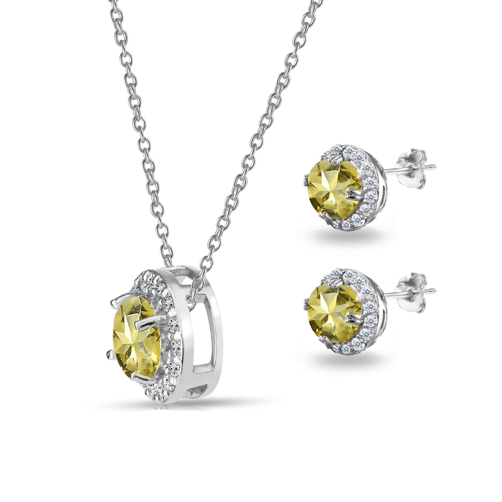 Sterling Silver Citrine and White Topaz Round Halo Necklace and Stud Earrings Set-2