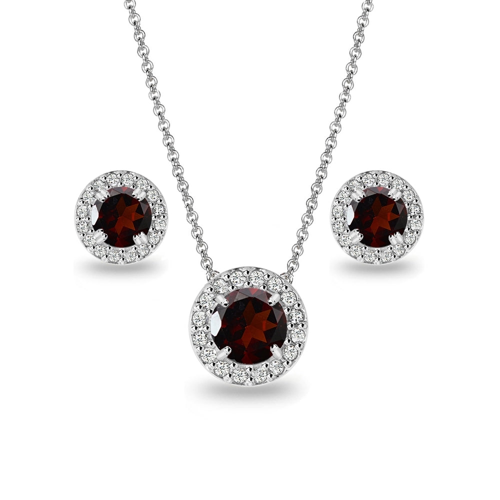 Sterling Silver Garnet and White Topaz Round Halo Necklace and Stud Earrings Set