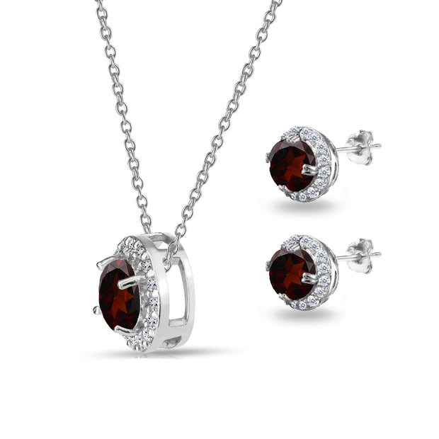 Sterling Silver Garnet and White Topaz Round Halo Necklace and Stud Earrings Set