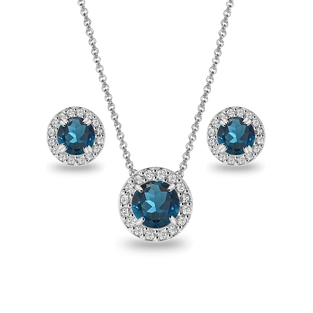 Sterling Silver London Blue Topaz and White Topaz Round Halo Necklace and Stud Earrings Set