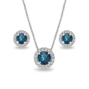 Sterling Silver London Blue Topaz and White Topaz Round Halo Necklace and Stud Earrings Set