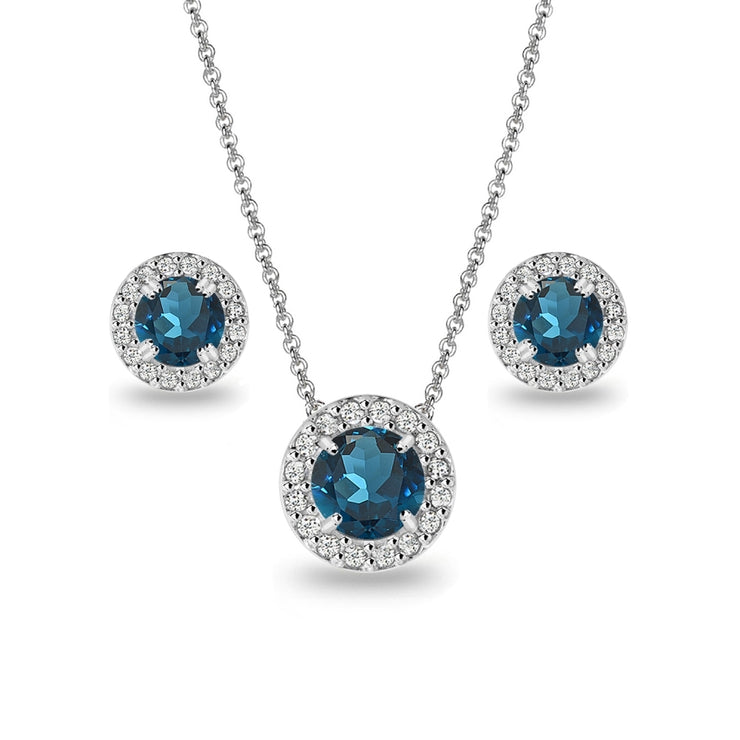 Sterling Silver London Blue Topaz & White Topaz Halo Pendant – 1.6 TCW, 18in Chain
