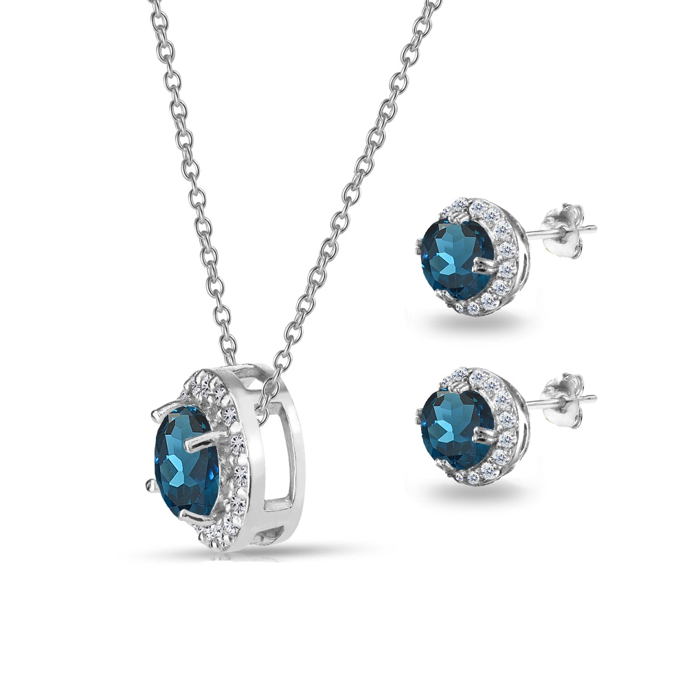 Sterling Silver London Blue Topaz and White Topaz Round Halo Necklace and Stud Earrings Set-2