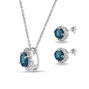 Sterling Silver London Blue Topaz and White Topaz Round Halo Necklace and Stud Earrings Set