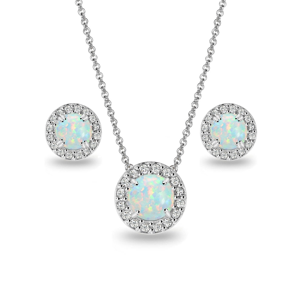 Sterling Silver Created White Opal and White Topaz Round Halo Necklace and Stud Earrings Set