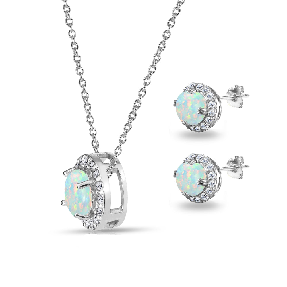 Sterling Silver Created White Opal and White Topaz Round Halo Necklace and Stud Earrings Set-2