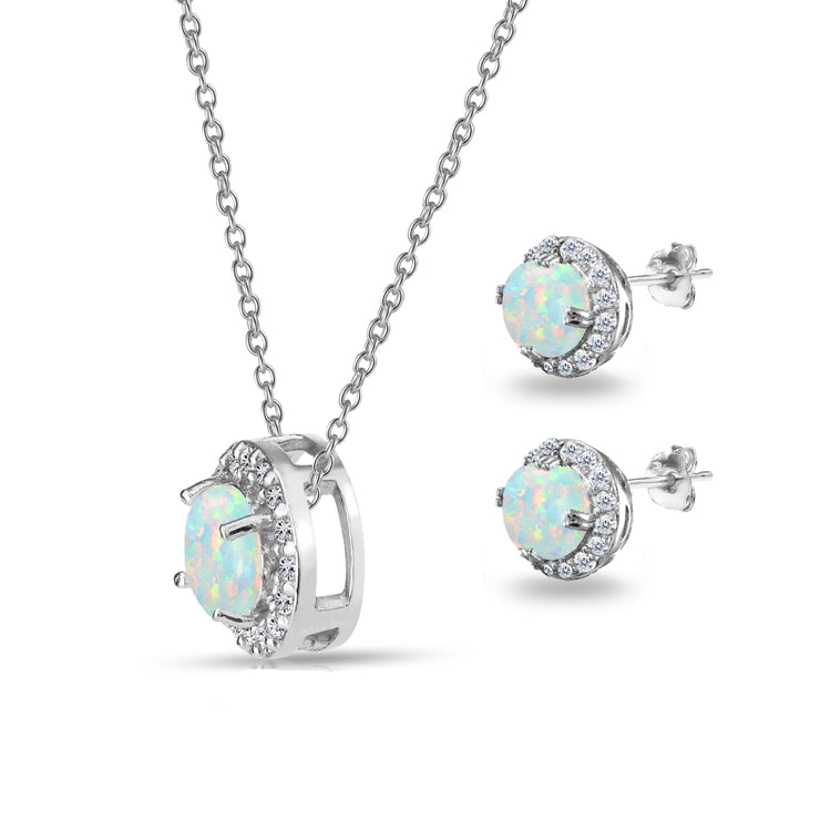 Sterling Silver Created White Opal and White Topaz Round Halo Necklace and Stud Earrings Set