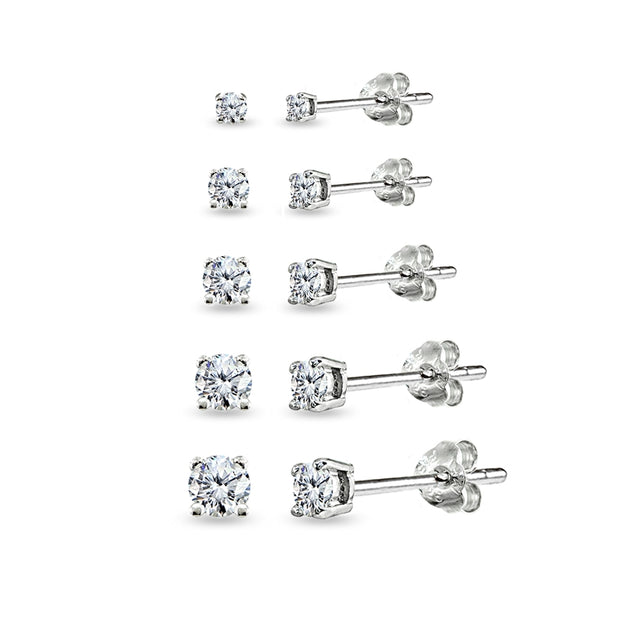 5 Pair Set Sterling Silver Cubic Zirconia Round Stud Earrings, 2mm 3mm 4mm 5mm 6mm