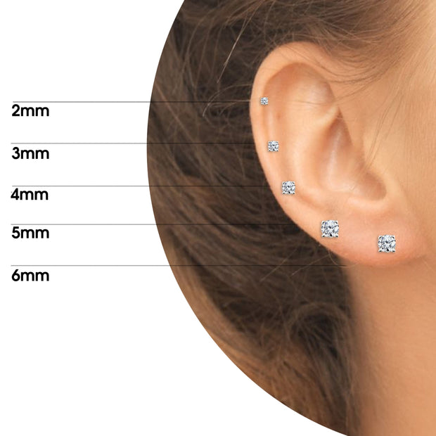 5 Pair Set Sterling Silver Cubic Zirconia Round Stud Earrings, 2mm 3mm 4mm 5mm 6mm