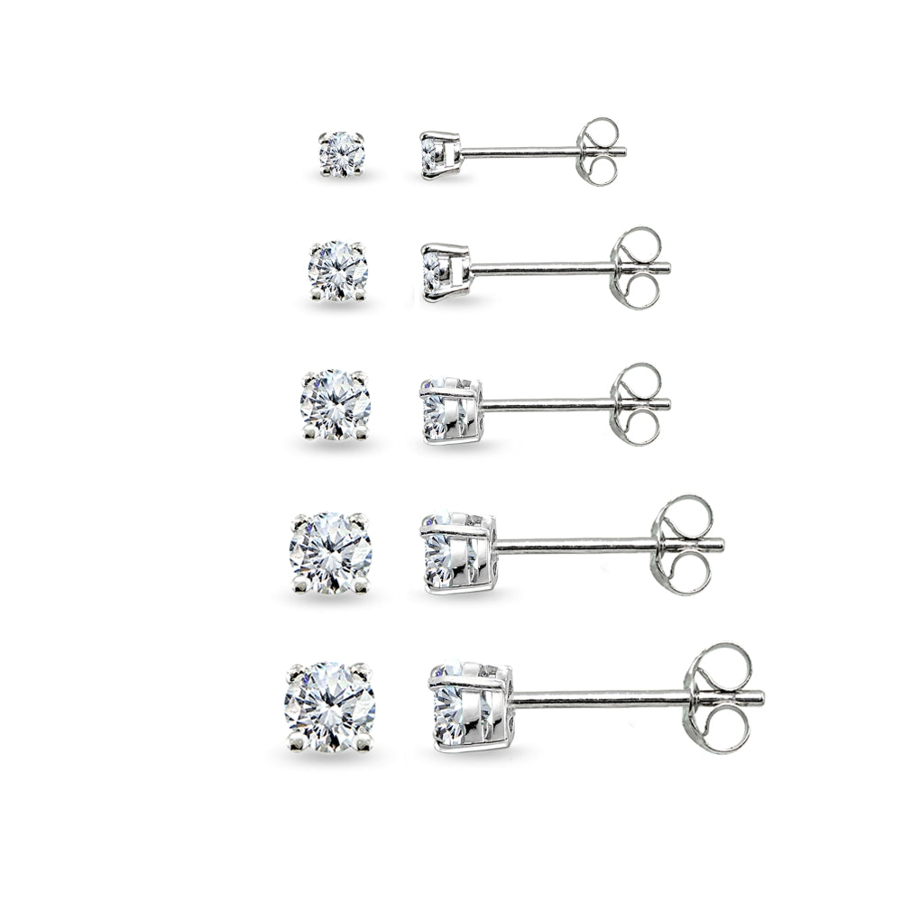 5 Pair Set Sterling Silver Cubic Zirconia Round Stud Earrings, 2mm 3mm 4mm 5mm 6mm-4