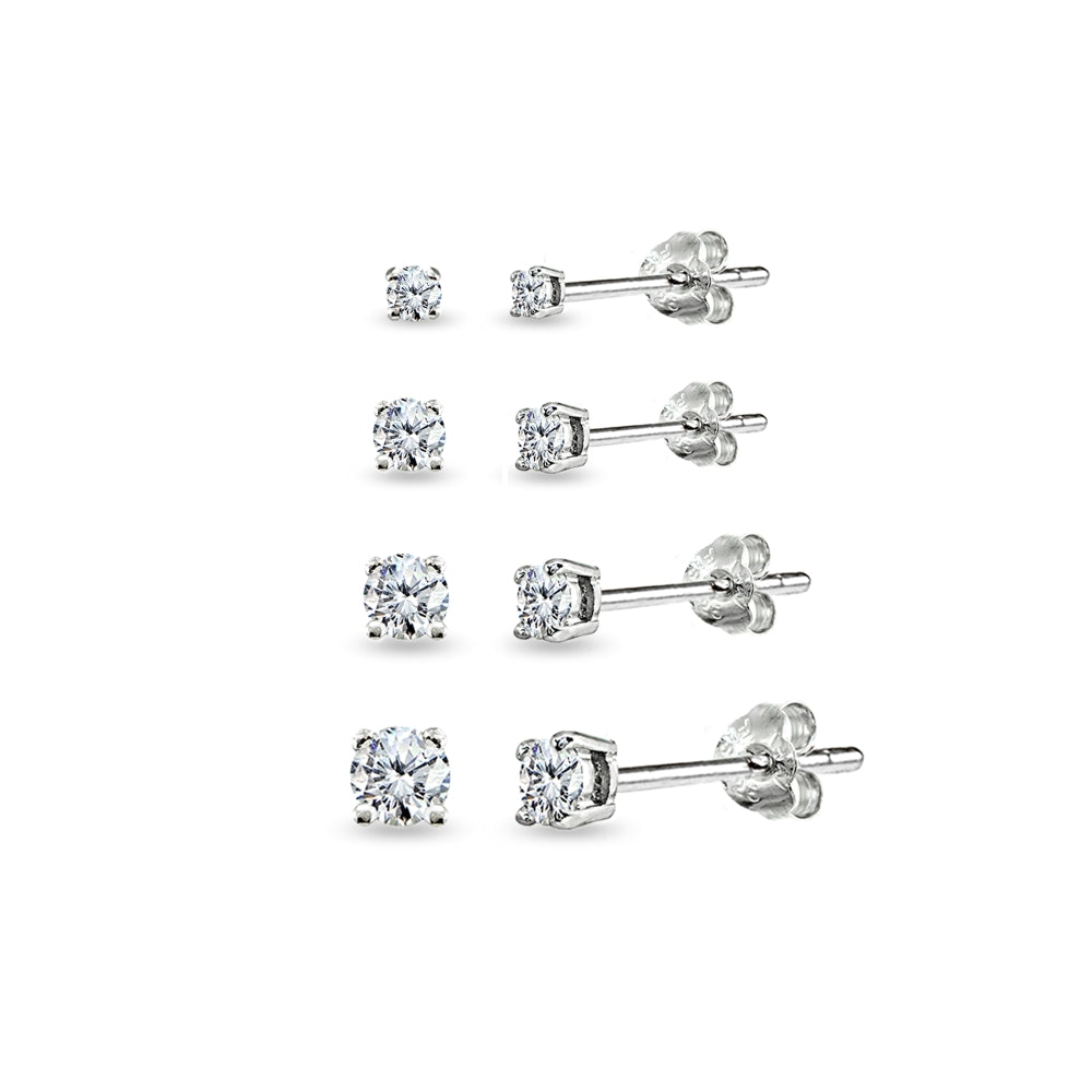 4 Pair Set Sterling Silver Cubic Zirconia Round Stud Earrings, 2mm 3mm 4mm 5mm