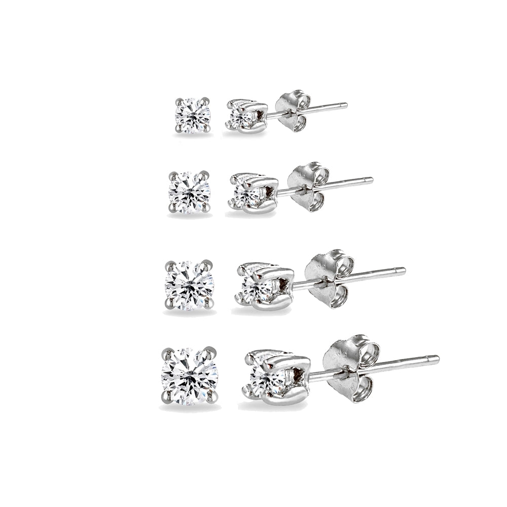 4 Pair Set Sterling Silver Cubic Zirconia Round Stud Earrings, 2mm 3mm 4mm 5mm-2