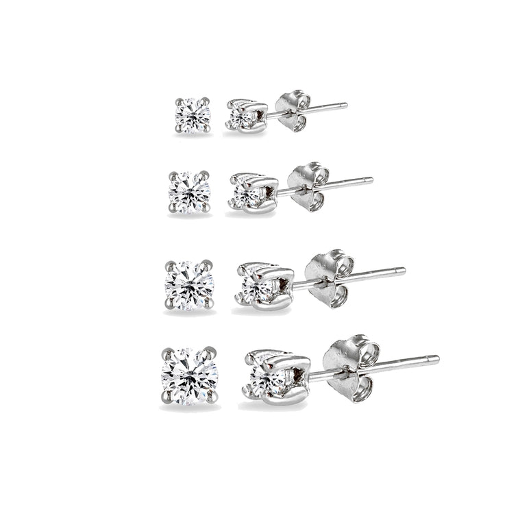 4 Pair Set Sterling Silver Cubic Zirconia Round Stud Earrings, 2mm 3mm 4mm 5mm