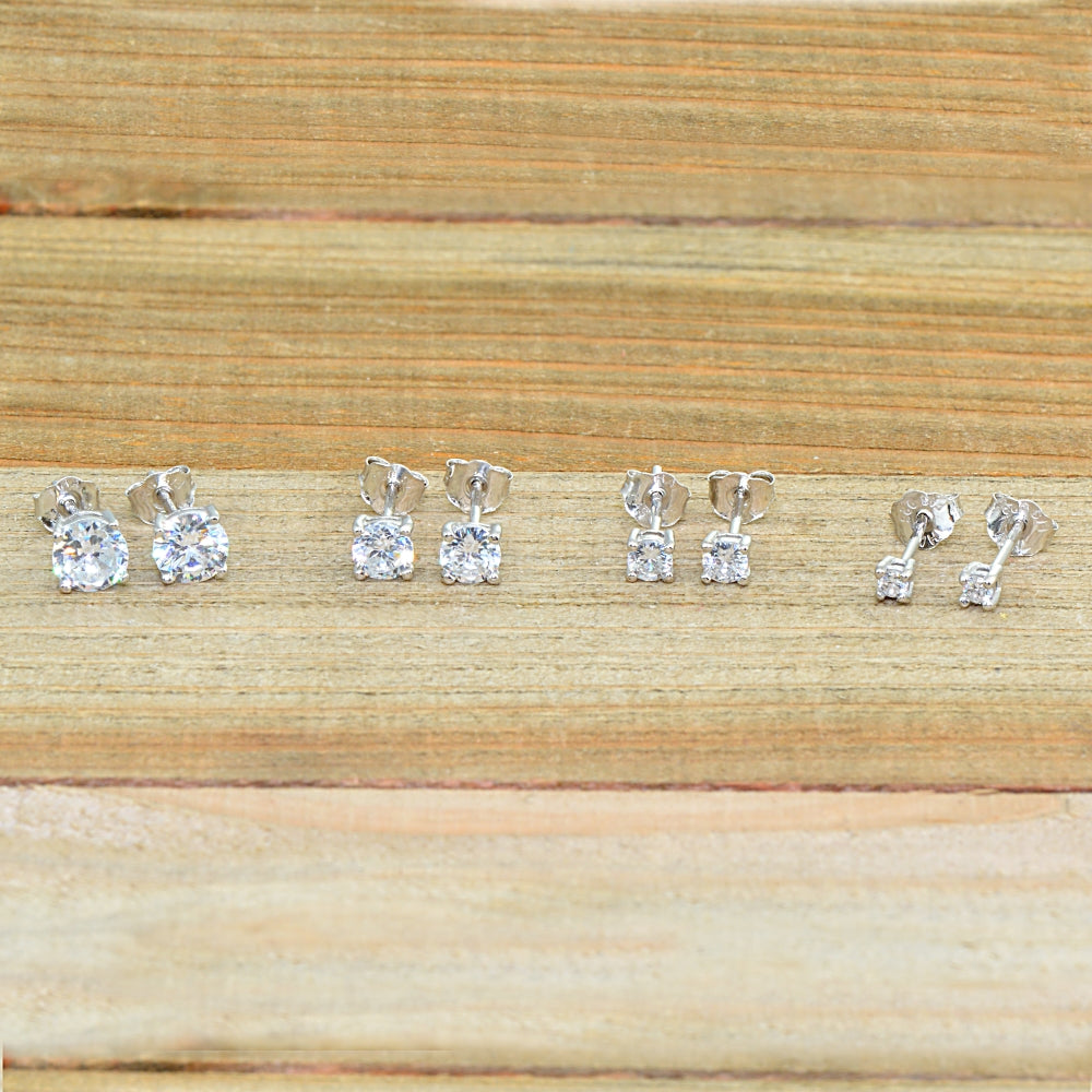 4 Pair Set Sterling Silver Cubic Zirconia Round Stud Earrings, 2mm 3mm 4mm 5mm-5