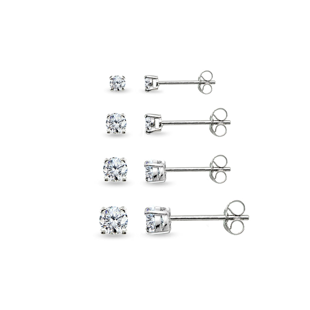 4 Pair Set Sterling Silver Cubic Zirconia Round Stud Earrings, 2mm 3mm 4mm 5mm-6