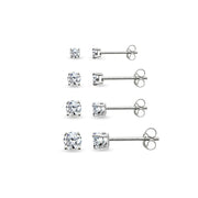 4 Pair Set Sterling Silver Cubic Zirconia Round Stud Earrings, 2mm 3mm 4mm 5mm