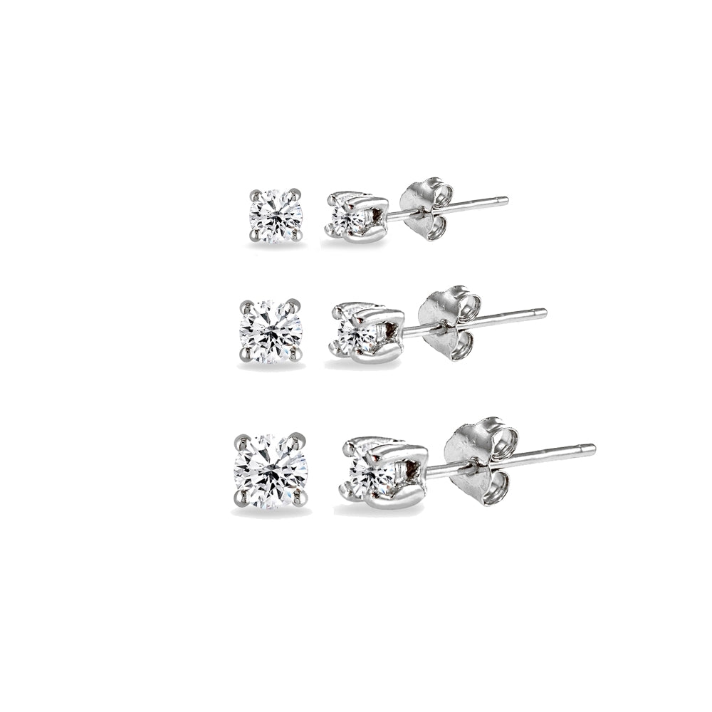 3 Pair Set Sterling Silver Cubic Zirconia Round Stud Earrings, 2mm 3mm 4mm-2