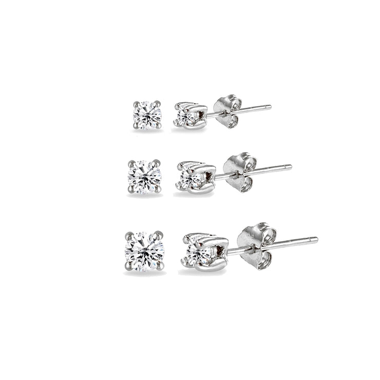 3MM - 5MM 3-Pair Set, Womens Sterling Silver .925 Crystal Clear