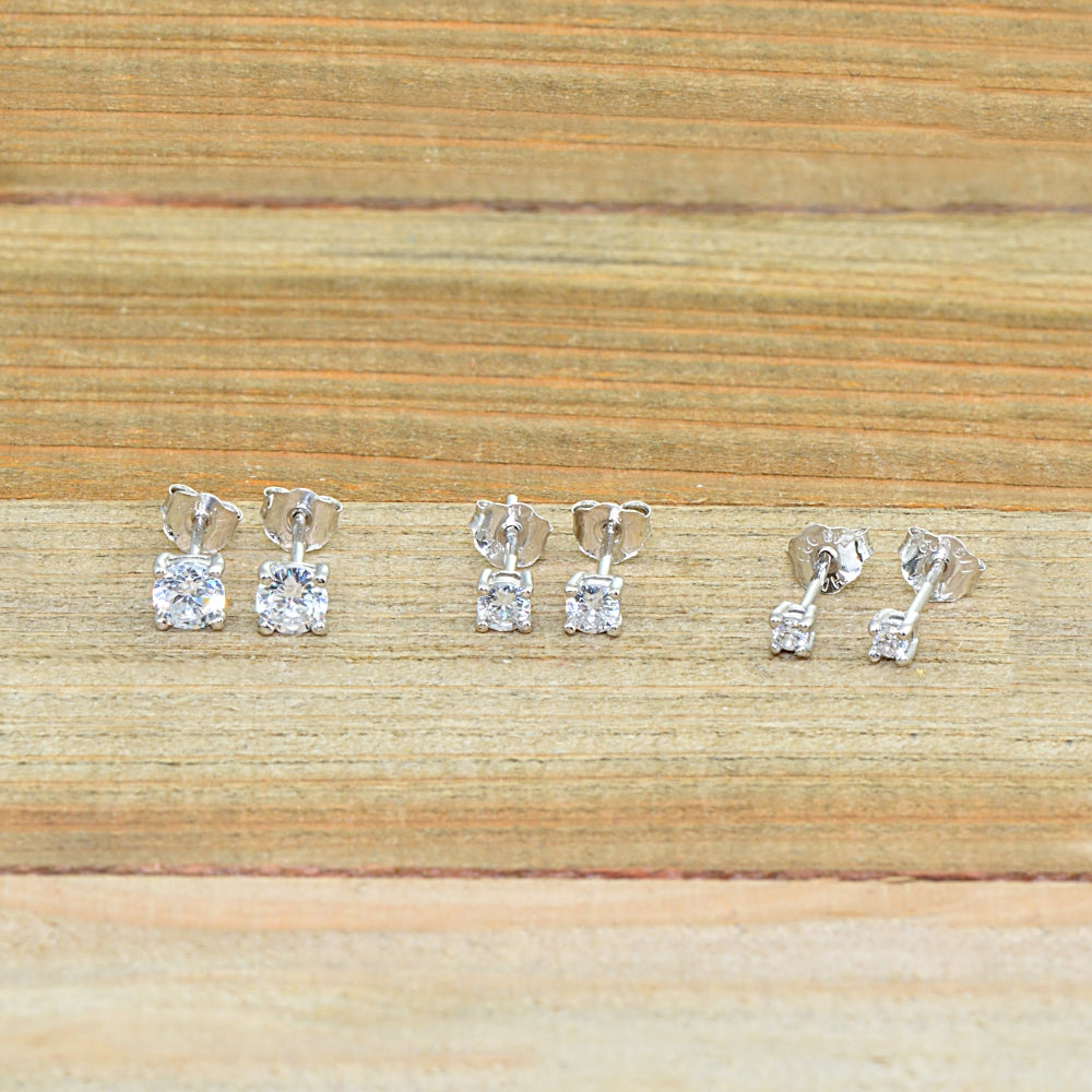 3 Pair Set Sterling Silver Cubic Zirconia Round Stud Earrings, 2mm 3mm 4mm-5