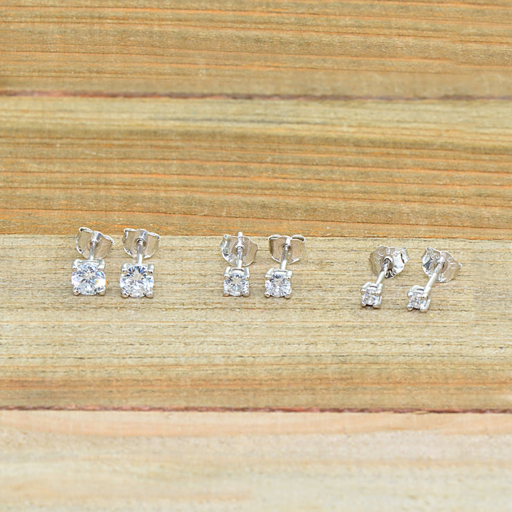 3 Pair Set Sterling Silver Cubic Zirconia Round Stud Earrings, 2mm 3mm 4mm