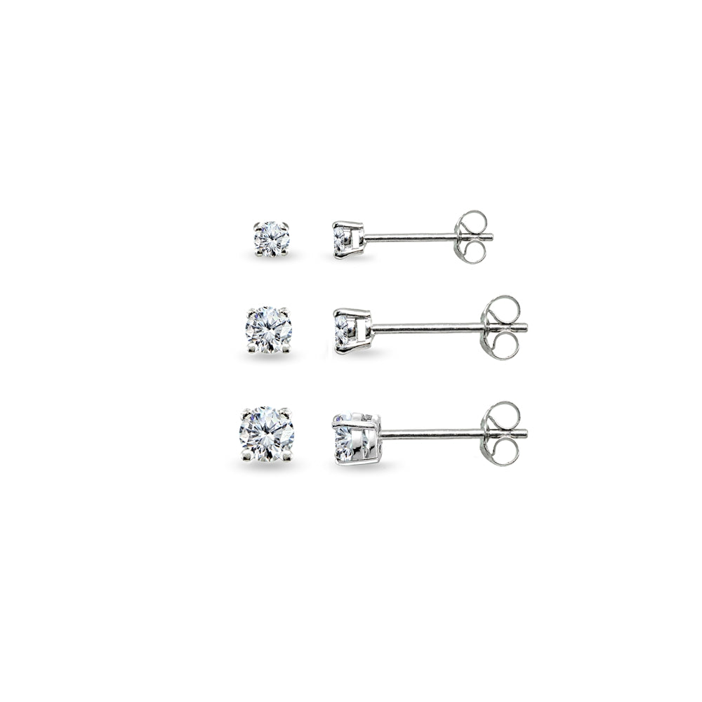 3 Pair Set Sterling Silver Cubic Zirconia Round Stud Earrings, 2mm 3mm 4mm-6