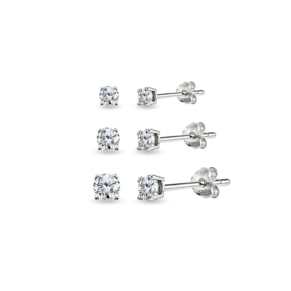 3 Pair Set Sterling Silver Cubic Zirconia Round Stud Earrings, 3mm 4mm 5mm