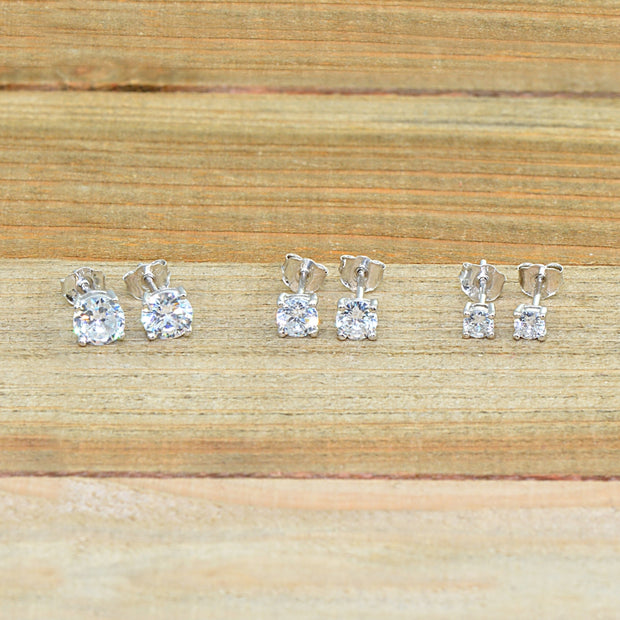 3 Pair Set Sterling Silver Cubic Zirconia Round Stud Earrings, 3mm 4mm 5mm