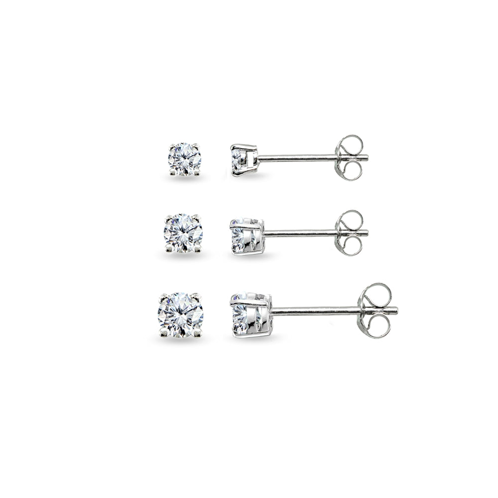 3 Pair Set Sterling Silver Cubic Zirconia Round Stud Earrings, 3mm 4mm 5mm-4