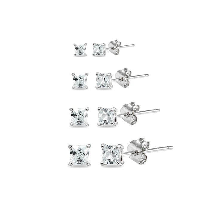 4 Pair Set Sterling Silver Cubic Zirconia Princess-Cut Square Stud Earrings, 2mm 3mm 4mm 5mm