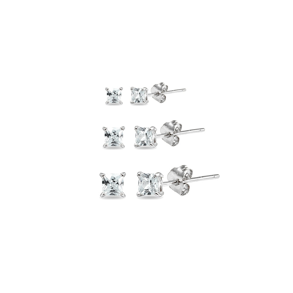 3 Pair Set Sterling Silver Cubic Zirconia Princess-Cut Square Stud Earrings, 2mm 3mm 4mm