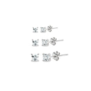 3 Pair Set Sterling Silver Cubic Zirconia Princess-Cut Square Stud Earrings, 2mm 3mm 4mm