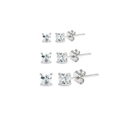3 Pair Set Sterling Silver Cubic Zirconia Princess-Cut Square Stud Earrings, 3mm 4mm 5mm