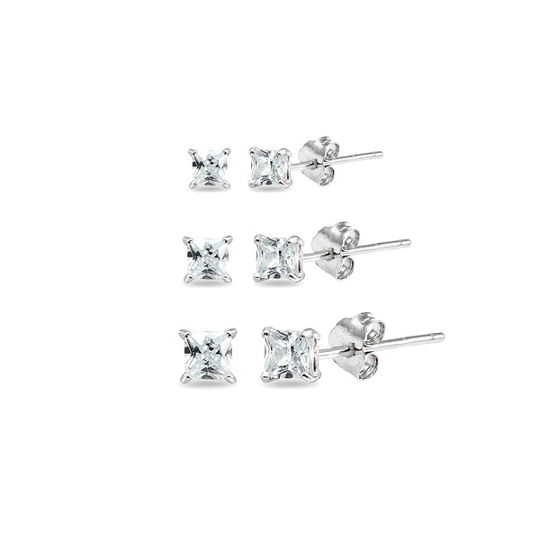 3 Pair Set Sterling Silver Cubic Zirconia Princess-Cut Square Stud Earrings, 3mm 4mm 5mm