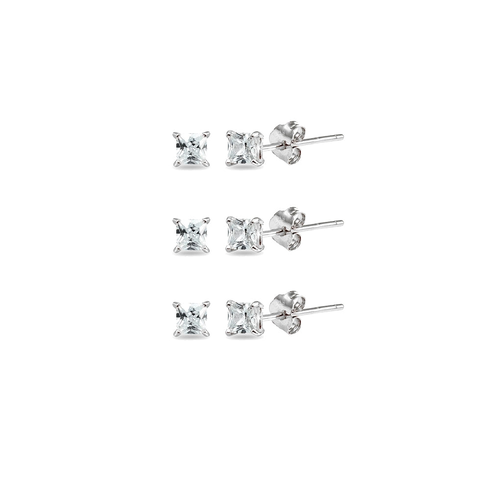 3-Pair Set Sterling Silver Cubic Zirconia Princess-Cut 3mm Square Stud Earrings
