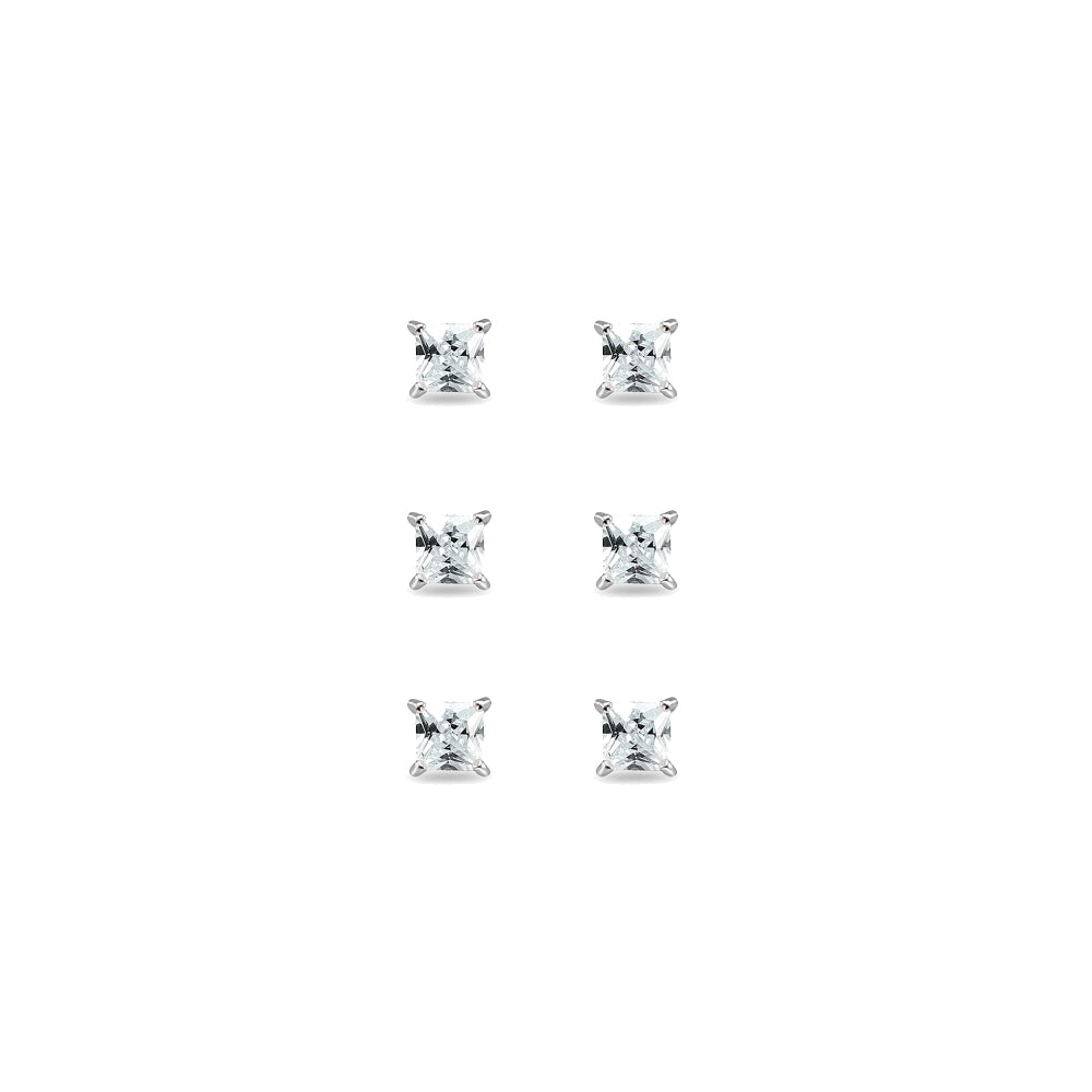 3-Pair Set Sterling Silver Cubic Zirconia Princess-Cut 3mm Square Stud Earrings-2
