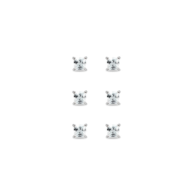 3-Pair Set Sterling Silver Cubic Zirconia Princess-Cut 3mm Square Stud Earrings