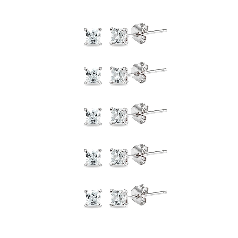 5-Pair Set Sterling Silver Cubic Zirconia Princess-Cut 3mm Square Stud Earrings