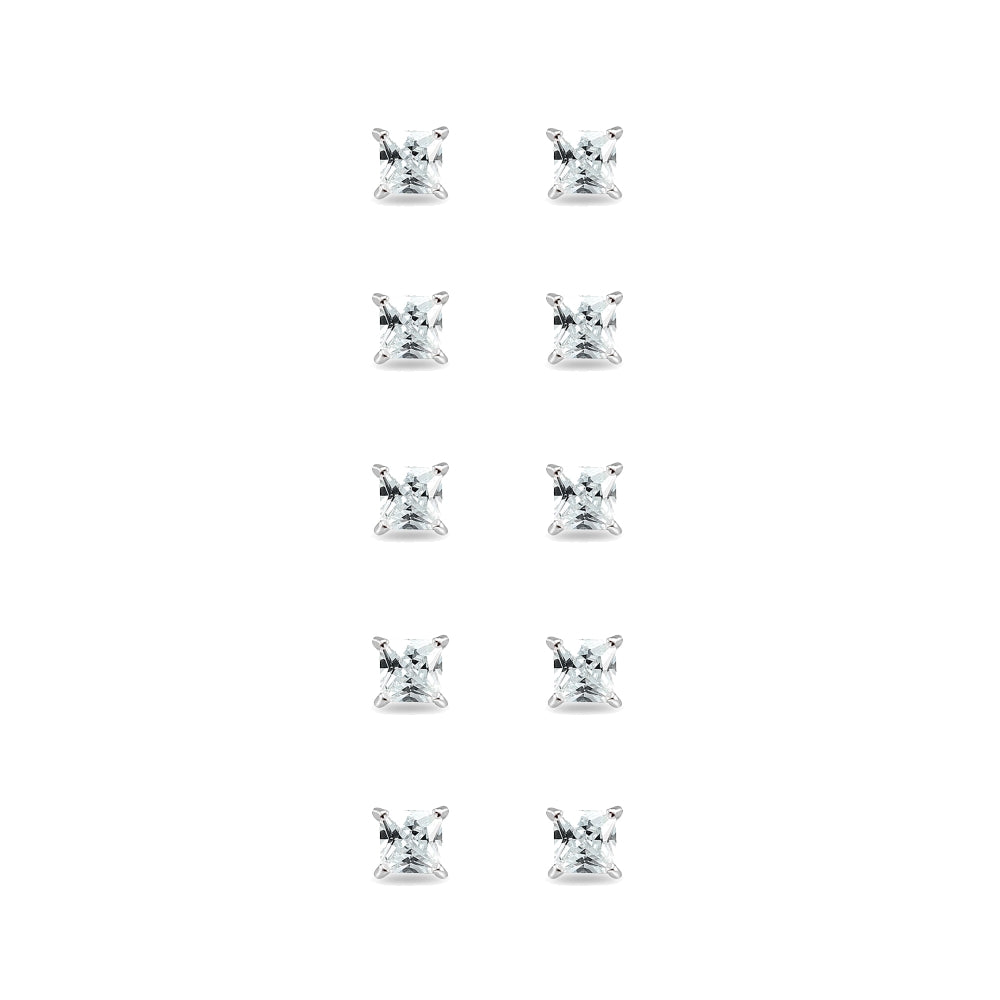 5-Pair Set Sterling Silver Cubic Zirconia Princess-Cut 3mm Square Stud Earrings-2