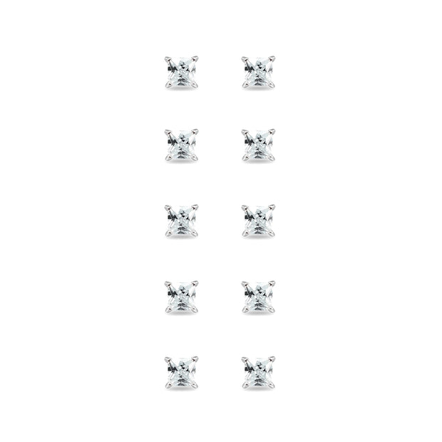 5-Pair Set Sterling Silver Cubic Zirconia Princess-Cut 3mm Square Stud Earrings
