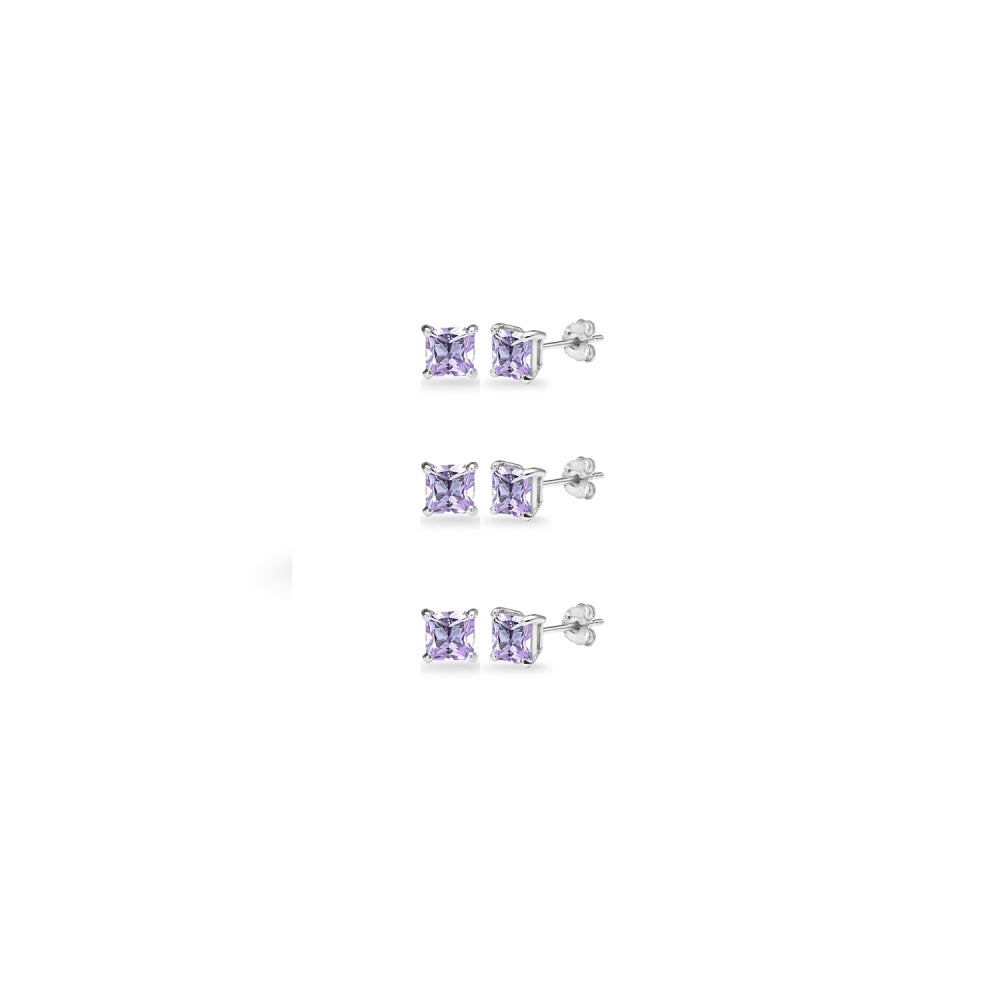 3-Pair Set Sterling Silver Amethyst Princess-Cut 3mm Square Stud Earrings