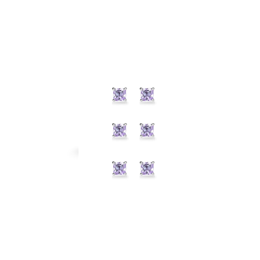 3-Pair Set Sterling Silver Amethyst Princess-Cut 3mm Square Stud Earrings-2