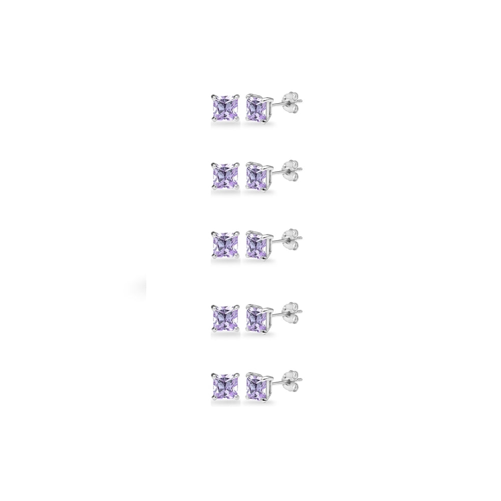 5-Pair Set Sterling Silver Amethyst Princess-Cut 3mm Square Stud Earrings