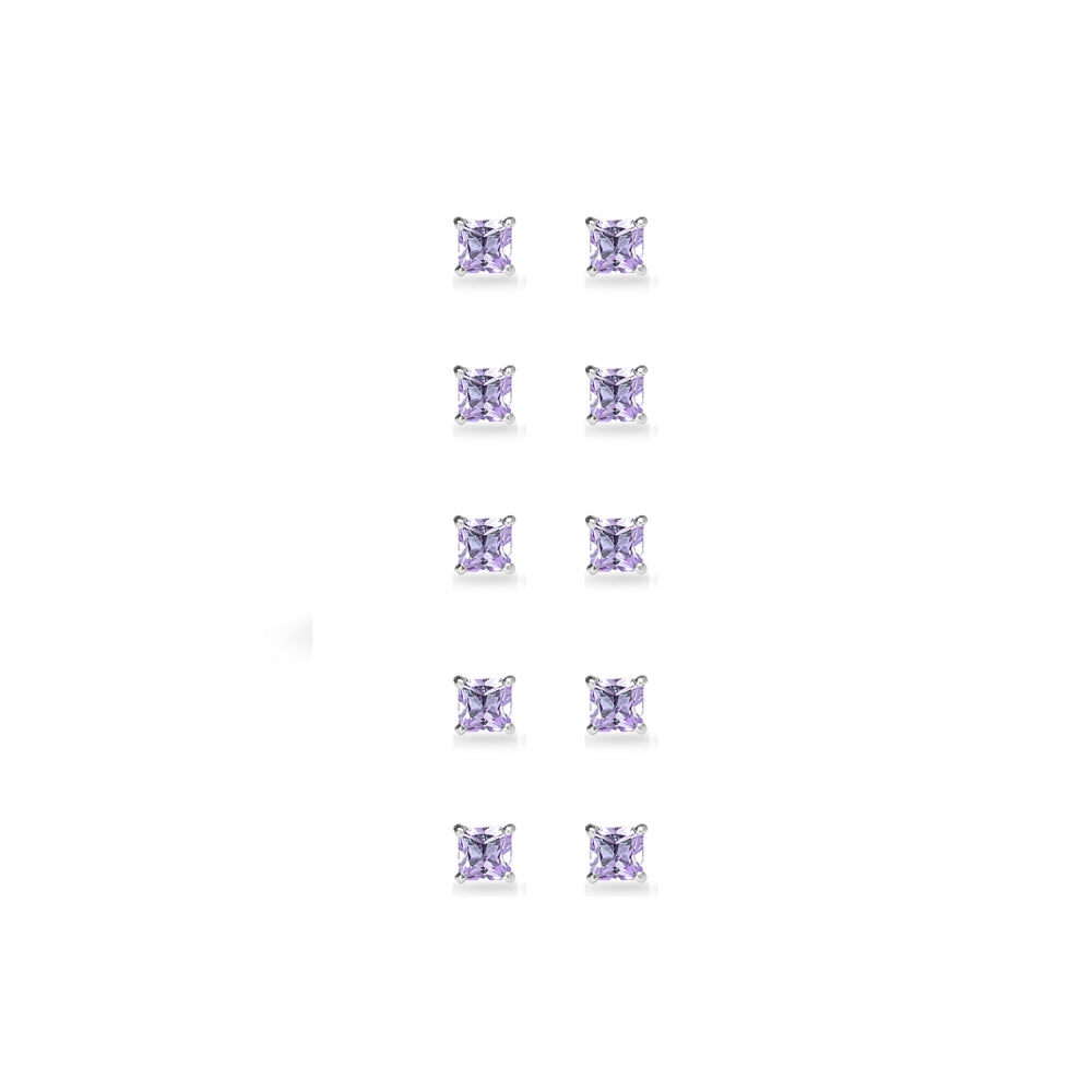 5-Pair Set Sterling Silver Amethyst Princess-Cut 3mm Square Stud Earrings-2