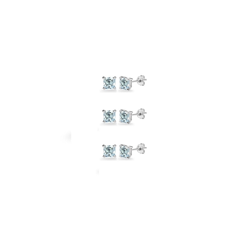 3-Pair Set Sterling Silver Blue Topaz Princess-Cut 3mm Square Stud Earrings