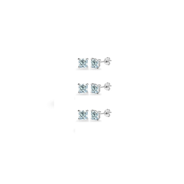 3-Pair Set Sterling Silver Blue Topaz Princess-Cut 3mm Square Stud Earrings