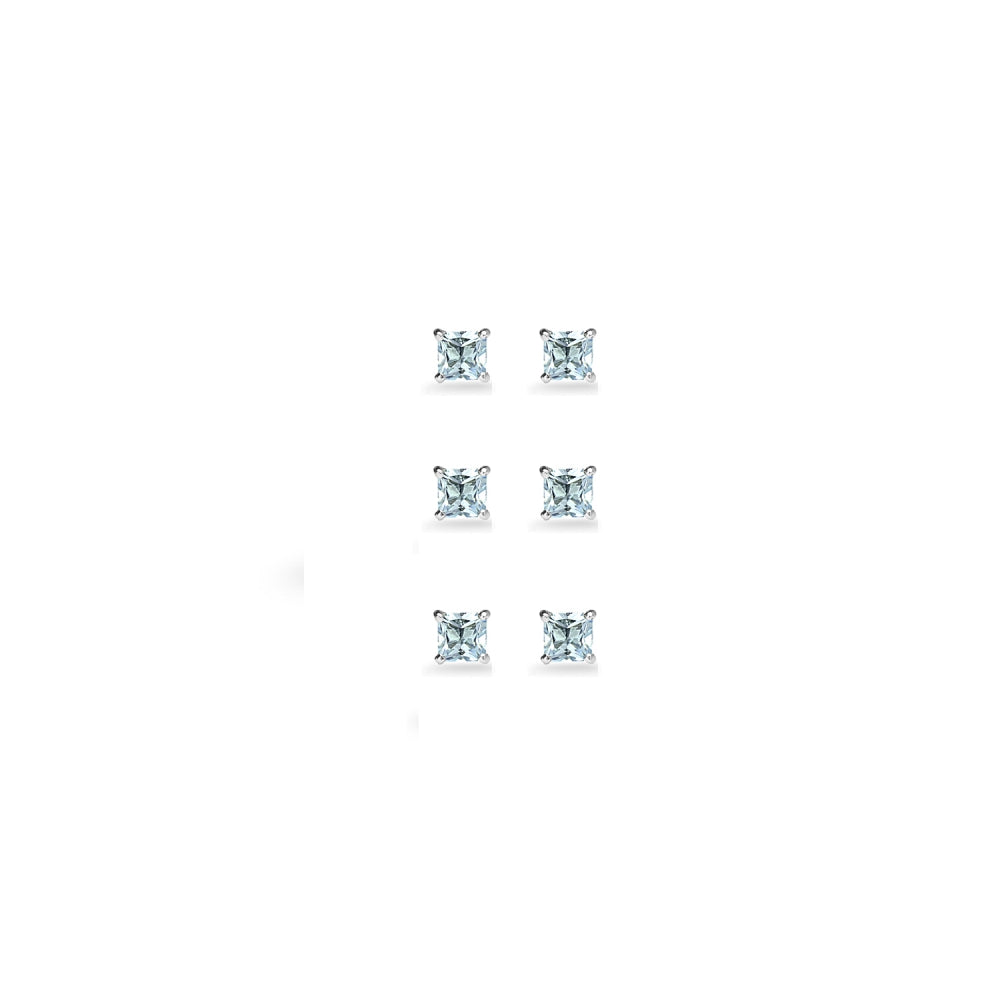 3-Pair Set Sterling Silver Blue Topaz Princess-Cut 3mm Square Stud Earrings-2